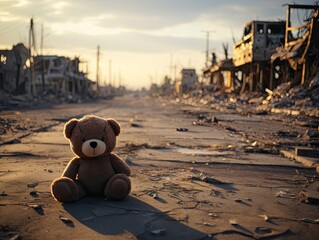brown teddy bear on road in city war situation building destroy by missile in bird eyes view