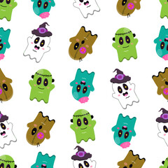 Halloween seamless pattern of kawaii ghost characters in flat style on white background. Cute monster mystical drawing concept zombie,creepy doll,frankie,witch ghosts. Flat vector in hand drawn style.