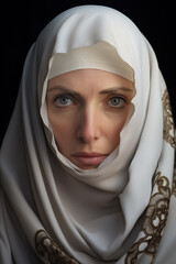 Naklejka premium Close-Up Portrait of a Caucasian Woman with Blue Eyes Wearing an Arab Hijab