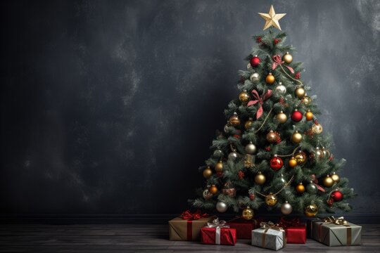Christmas tree with gifts on the grey background