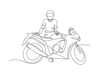 A man standing next to his motorsport. Bikers one-line drawing