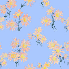 Romantic digital watercolor pattern, orange daisies on light blue background
