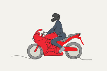 Color illustration of a side view of a motorcyclist. Bikers one-line drawing