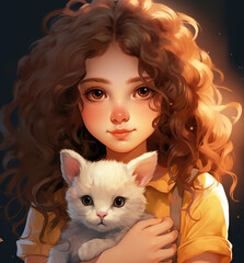 Cute cartoon of adorable little girl holding a kitty cat - animals, nature