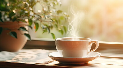Fototapeta premium Beautiful Morning Scene with Coffee or Tea Cup, Good Book, and Flowers in Soft Morning Sunlight - Cozy Reading and Relaxation, Perfect for a Fresh Start to the Day