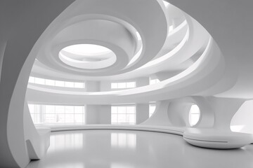 Abstract white interior with curved ceiling. Modern architecture abstract background. 3d rendering, 3d illustration.
