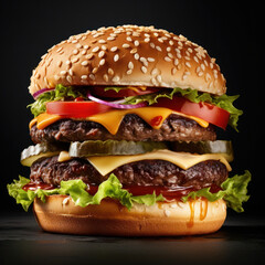 Burger Studio Shot on Black Background, Food Photography, Generative AI