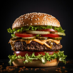 Burger Studio Shot on Black Background, Food Photography, Generative AI