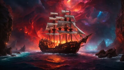 Pirate ship burning, concept of sea combat and pirates