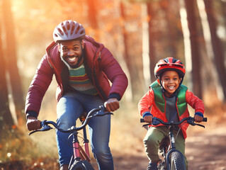 Portrait of father and son cycling in the forest. Fathers day or happy family relationship concept.