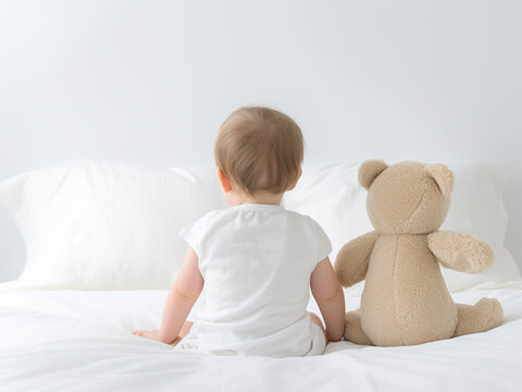 Back of baby with a teddy bear on white color bed. 