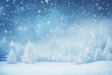 winter and christmas snowy background with snowdrifts and snow-covered blur forest. cold winter time, generative ai - obrazy, fototapety, plakaty