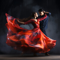 Woman in long red dress dancing tango with her partner in a passionate embrace. Generative AI - obrazy, fototapety, plakaty