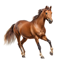 Obraz na płótnie Canvas Brown horse with long mane standing and galloping on transparent background