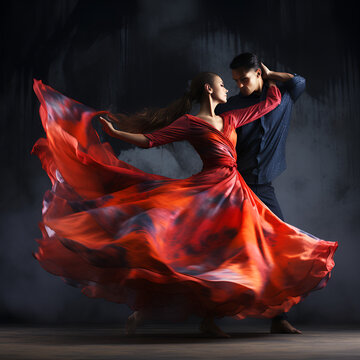 Woman in long red dress dancing tango with her partner in a passionate embrace. Generative AI