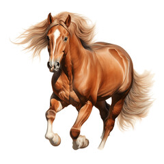 Horse (Welsh pony) standing with long mane, brown horse galloping isolated on transparent background