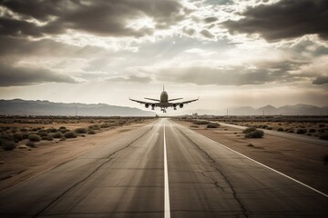 Airplane approaches landing strip. Generative AI - obrazy, fototapety, plakaty
