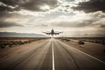 Fotobehang Airplane approaches landing strip. Generative AI © Maxim