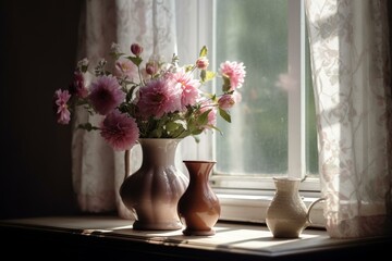 Fototapeta na wymiar A vase with pink flowers on a table near a windowsill, another windowsill in the background, and a window. Generative AI