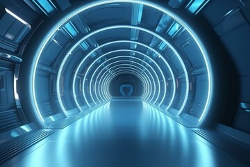 Futuristic tunnel with neon blue-white lighting, glossy concrete and metallic elements. Realistic cyber background for a showroom or underground hangar. 3D rendering. Generative AI