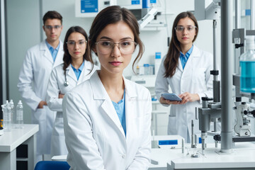 Young Woman Scientist in White Coat and Glasses: Modern Medical Science Laboratory with Team of Specialists in the Background