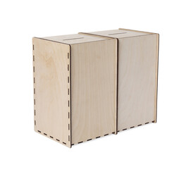 Wooden ballot boxes isolated on white. Election time