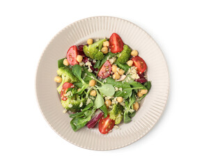 Healthy meal. Tasty salad with quinoa, chickpeas and vegetables isolated on white, top view