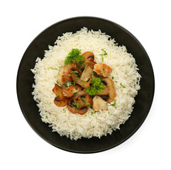 Delicious rice with parsley and mushrooms isolated on white, top view