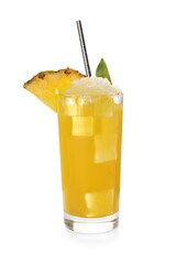 Tasty pineapple cocktail with ice cubes isolated on white