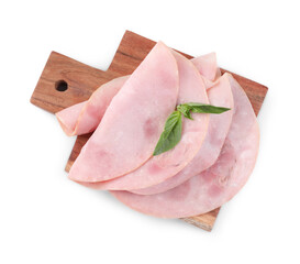 Slices of tasty ham and basil isolated on white, top view