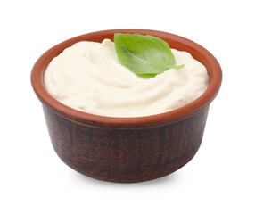 Delicious tofu sauce and basil leaf in bowl isolated on white