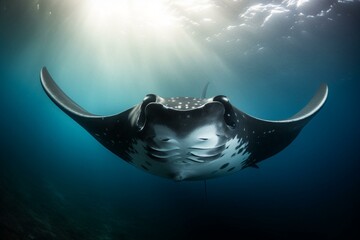 a majestic manta ray moving elegantly in the sea. Generative AI - obrazy, fototapety, plakaty