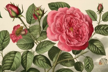 Antique Rosa Gallica Granatus illustration. Generative AI - obrazy, fototapety, plakaty