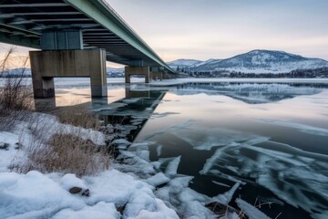 Timelapse of a bridge and frozen river in Kamloops, British Columbia. Generative AI