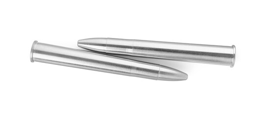 Metal bullets isolated on white, top view. Military ammunition