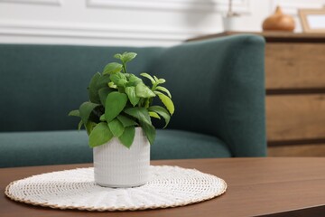 Green artificial plant in pot on wooden table indoors, space for text