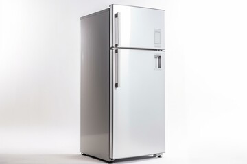 Isolated refrigerator on white. Modern top mount fridge freezer. Electric kitchen appliances. Front view of two door top-freezer fridge freezer. Generative AI