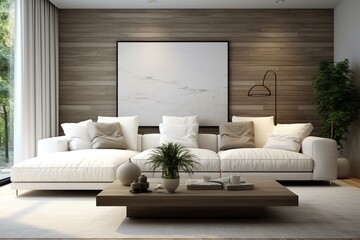 Minimalist living room with white sofa and decoration. Generative AI