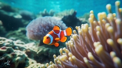 Fototapeta na wymiar Clown fish swimming near coral