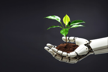 a robot hand holding a plant and a small tree - 664144505