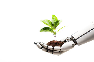 a robot hand holding a plant and a small tree - 664144507