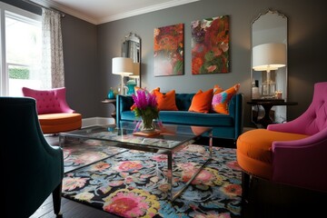 Contemporary seating, vibrant decor, floral accents. Generative AI