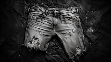 Fototapeta na wymiar A pair of distressed jeans with multiple tears and frayed edges, displayed against a dark textured background in black and white.