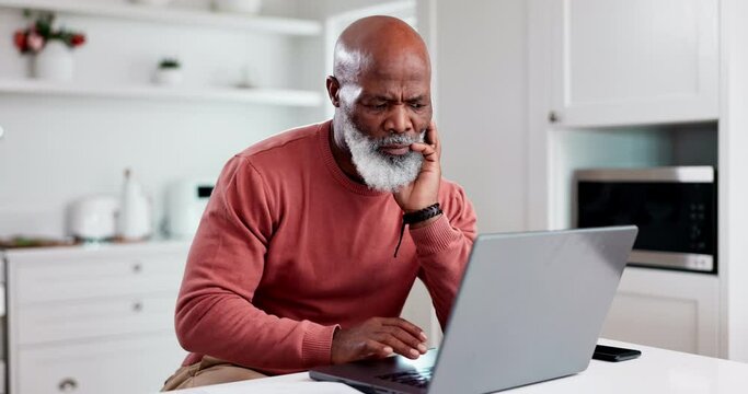 Senior man, laptop and remote working for thinking, house and documents for business, typing and email. Entrepreneur, African worker for freelance, job and online for company, projects or web