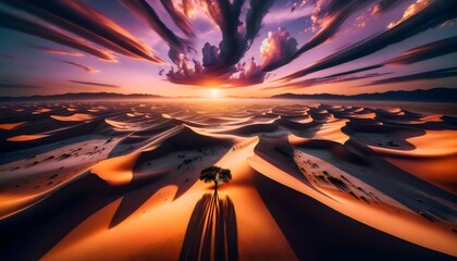 Desert Dunes at Sunset with Vibrant Sky and Solitary Tree