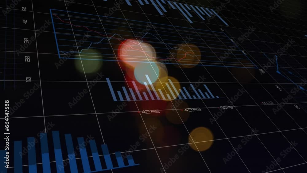 Poster animation of statistical data processing against colorful spots of light on black background