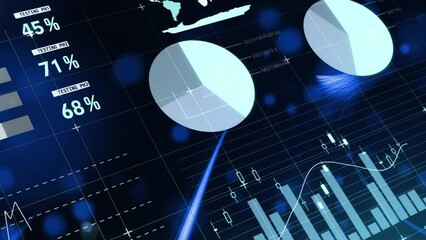 Animation of statistical data processing over blue spots and light trails on black background - Powered by Adobe