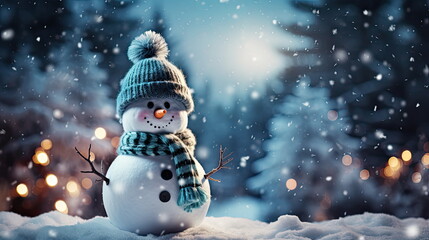 Naklejka na ściany i meble Christmas Winter Background with Snowman, Presents, and Bokeh Snowflakes - Merry Christmas and Happy New Year Greeting Card with Ample Copy Space, Ideal for Festive Holiday Messages