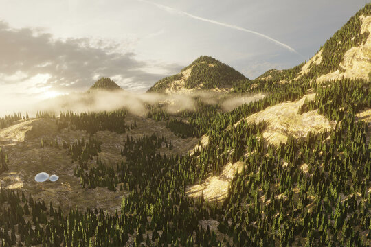 3d render mountainside with forest, fog and scifi like glass domes