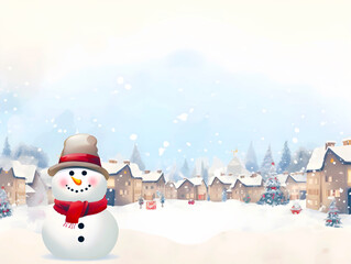 snowman and snow in little town, Christmas and New Year holidays background, Winter season, falling snow, copy space